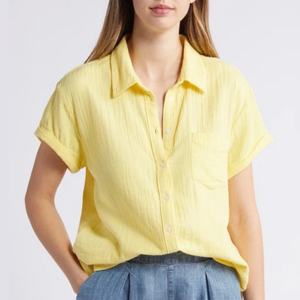 Caslon Womens Cotton Gauze Camp Shirt Short Sleeve‎ Button Down Pastel Yellow XL